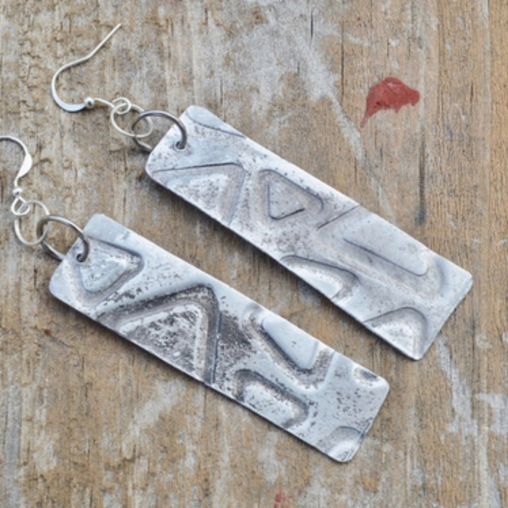 Rectangle Silver Triangle Rustic Long Earrings - Picture 2 of 3